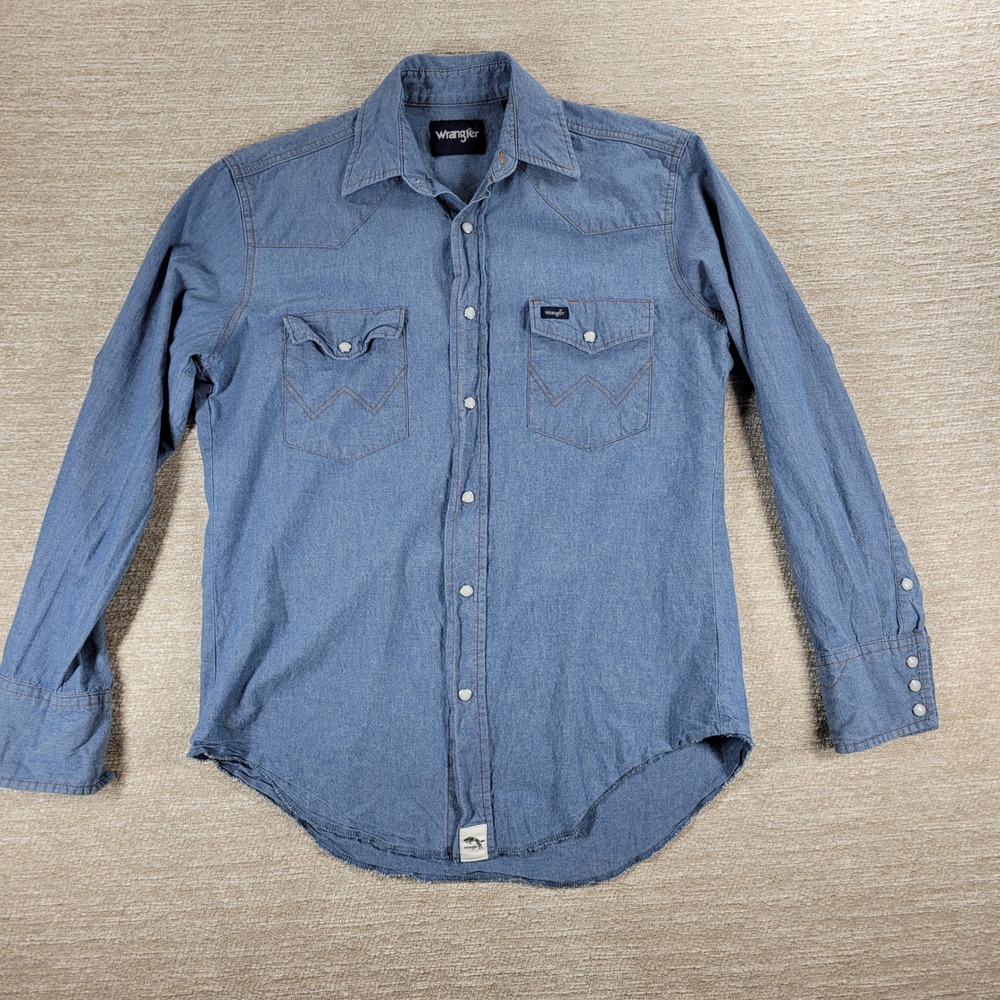 Wrangler Cowboy Cut Pearl Snap Shirt Mens M Chambray Western Denim Button Up